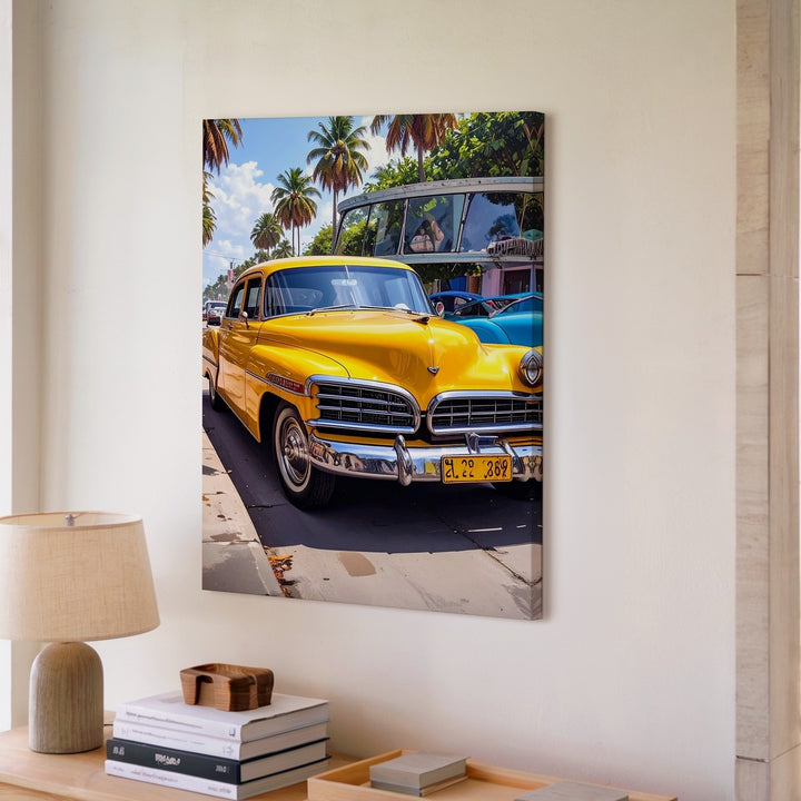 Yellow 1950s Chevrolet Canvas – Tropical Palm Street Classic Car Wall Art - Gifitto