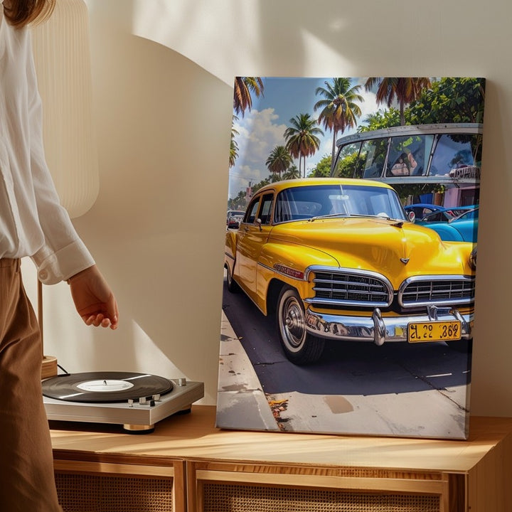 Yellow 1950s Chevrolet Canvas – Tropical Palm Street Classic Car Wall Art - Gifitto