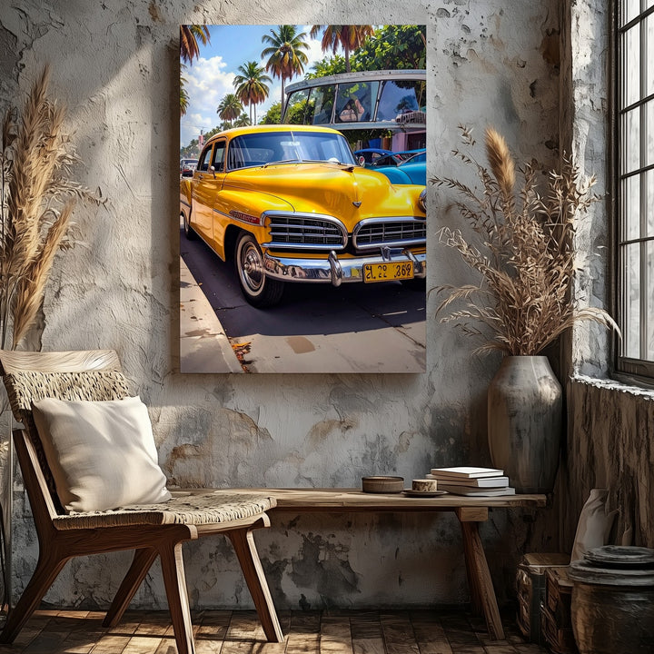 Yellow 1950s Chevrolet Canvas – Tropical Palm Street Classic Car Wall Art - Gifitto