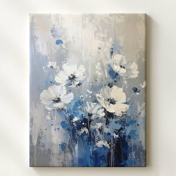 Abstract Floral Dream Canvas – Textured Painting in Monochrome Blues and Grays - Gifitto