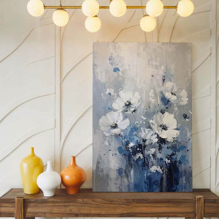 Abstract Floral Dream Canvas – Textured Painting in Monochrome Blues and Grays - Gifitto