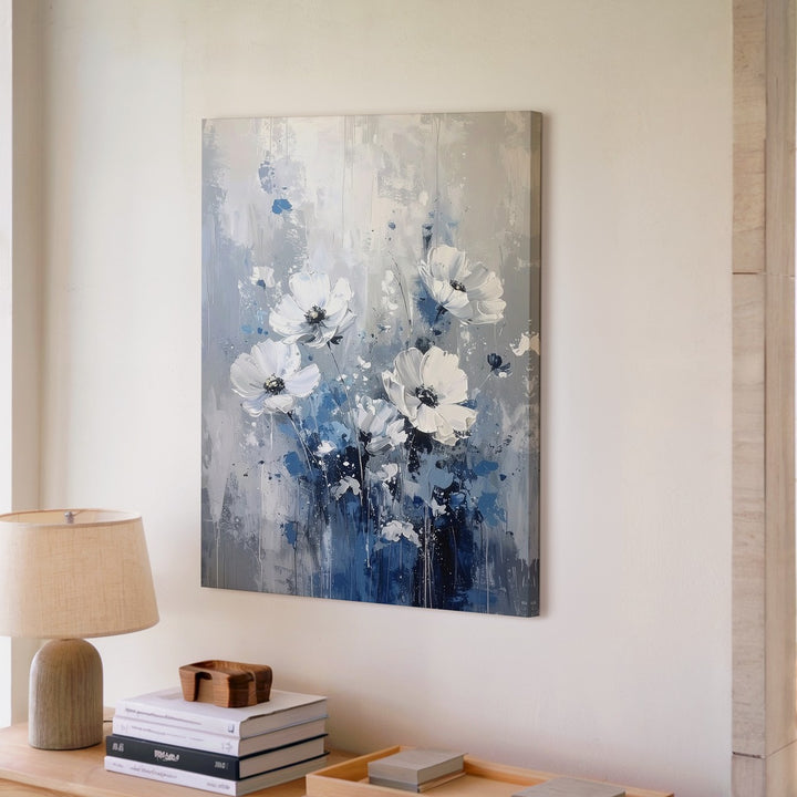 Abstract Floral Dream Canvas – Textured Painting in Monochrome Blues and Grays - Gifitto