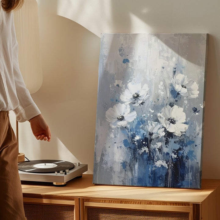 Abstract Floral Dream Canvas – Textured Painting in Monochrome Blues and Grays - Gifitto