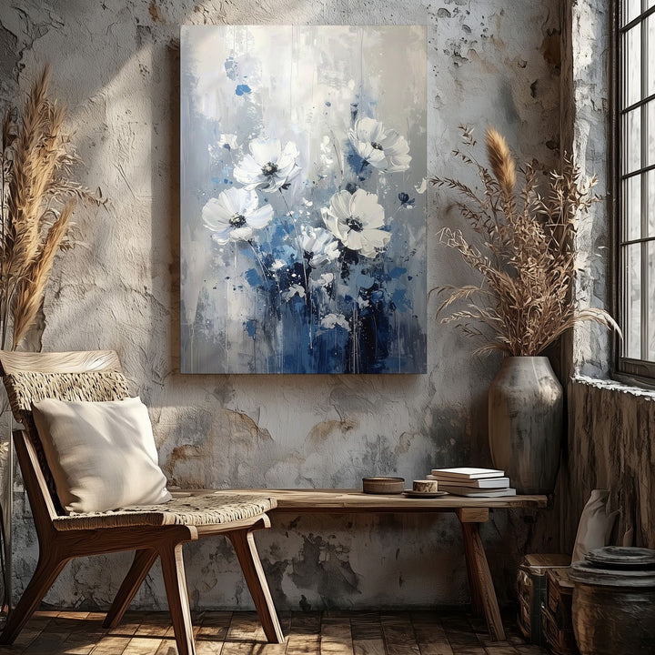 Abstract Floral Dream Canvas – Textured Painting in Monochrome Blues and Grays - Gifitto
