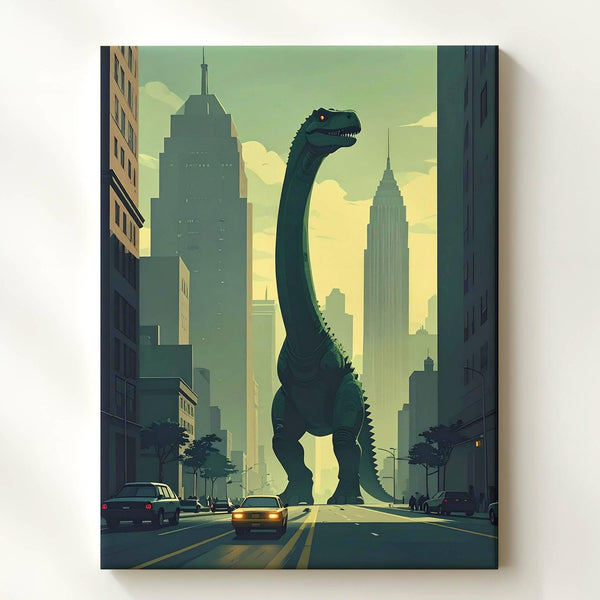 Godzilla Dinosaur in Futuristic City Canvas – Giant Creature and Urban Landscape Art - Gifitto