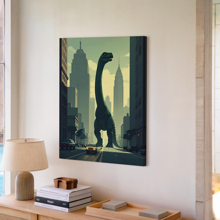 Godzilla Dinosaur in Futuristic City Canvas – Giant Creature and Urban Landscape Art - Gifitto