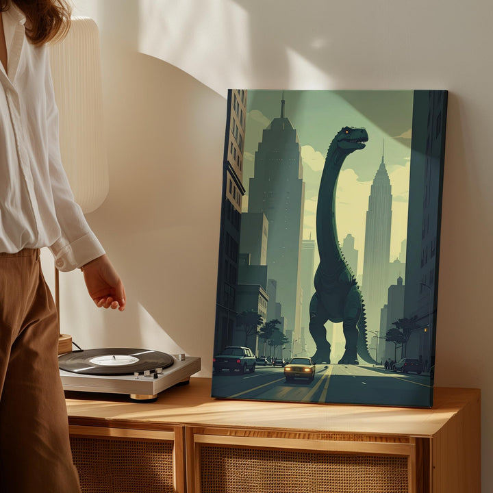 Godzilla Dinosaur in Futuristic City Canvas – Giant Creature and Urban Landscape Art - Gifitto
