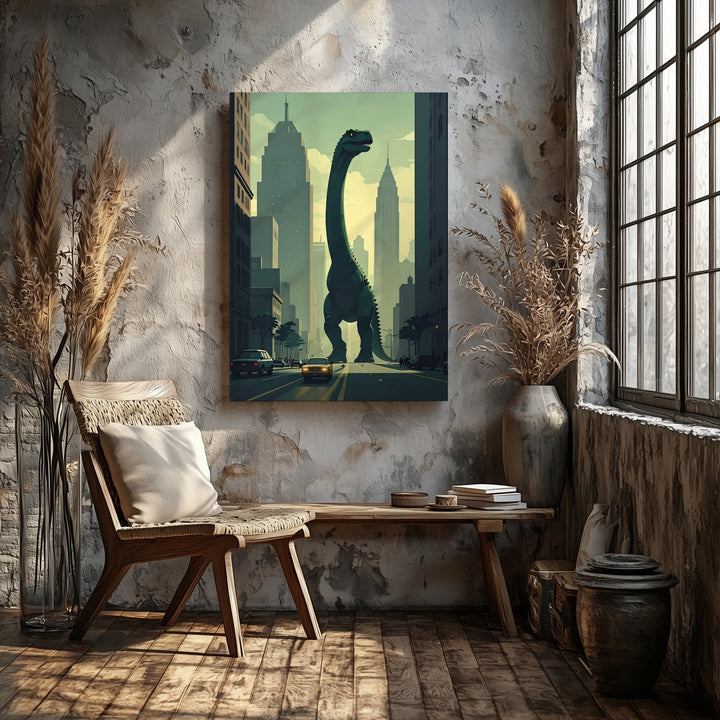 Godzilla Dinosaur in Futuristic City Canvas – Giant Creature and Urban Landscape Art - Gifitto