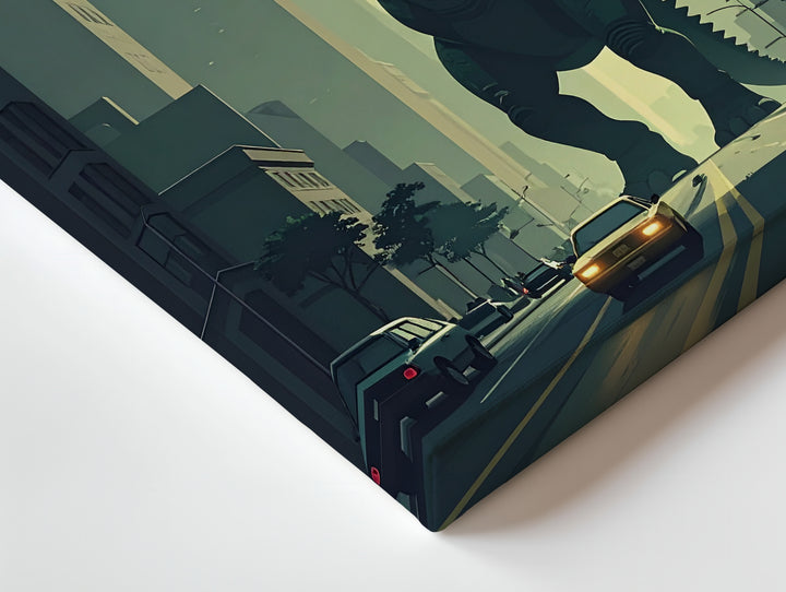 Godzilla Dinosaur in Futuristic City Canvas – Giant Creature and Urban Landscape Art - Gifitto