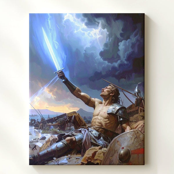 Warrior’s Last Stand Canvas – Epic Battlefield with Glowing Sword and Storm - Gifitto