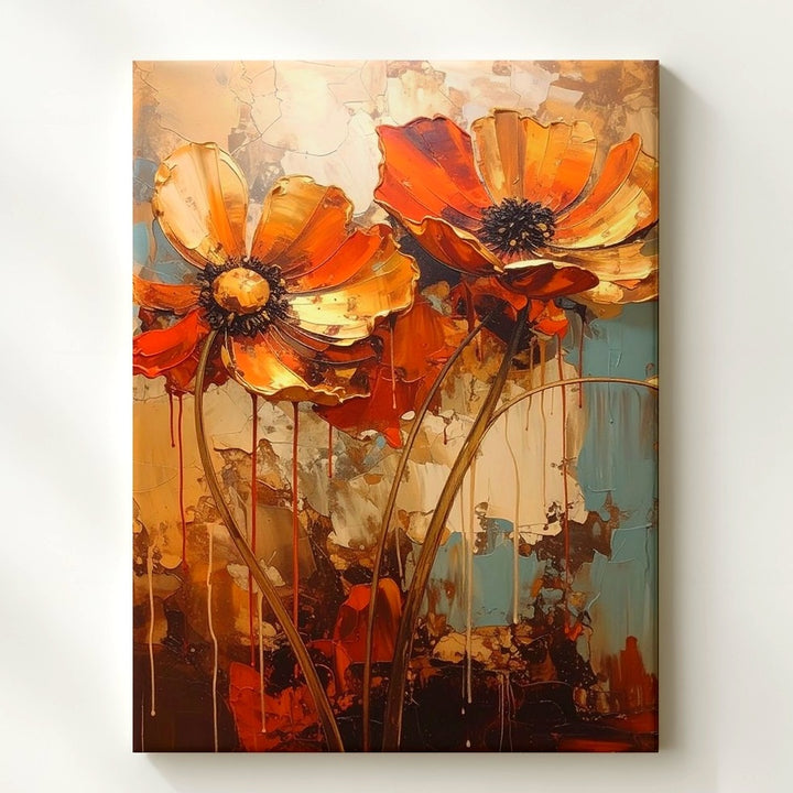 Resilient Poppies Canvas – Bold Floral Painting with Teal and Beige Backdrop - Gifitto