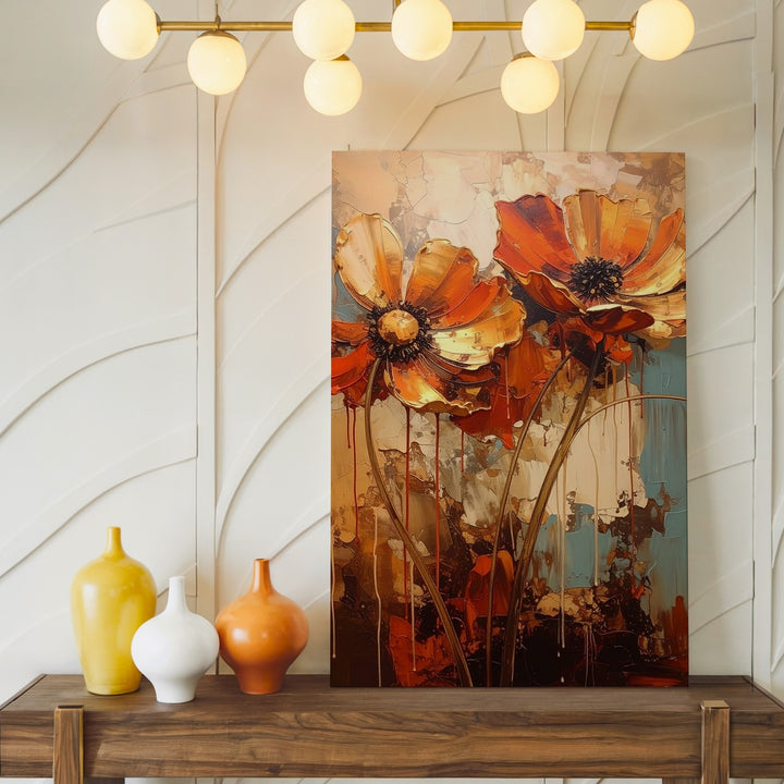 Resilient Poppies Canvas – Bold Floral Painting with Teal and Beige Backdrop - Gifitto