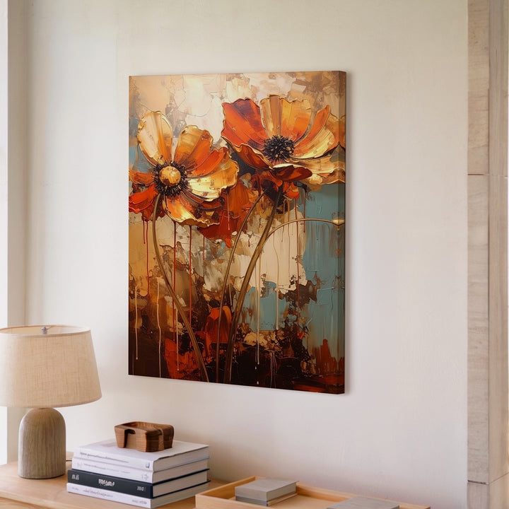 Resilient Poppies Canvas – Bold Floral Painting with Teal and Beige Backdrop - Gifitto