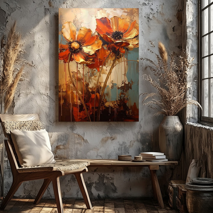 Resilient Poppies Canvas – Bold Floral Painting with Teal and Beige Backdrop - Gifitto