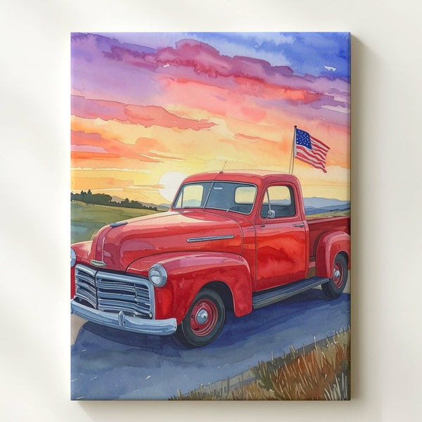 Red Vintage Pickup Watercolor Canvas – Patriotic Sunset Drive Wall Art - Gifitto