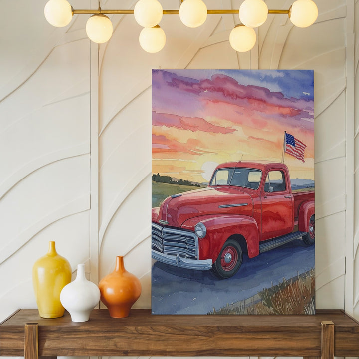 Red Vintage Pickup Watercolor Canvas – Patriotic Sunset Drive Wall Art - Gifitto