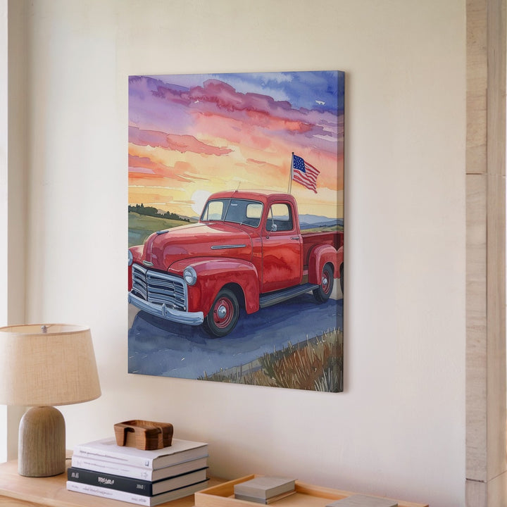 Red Vintage Pickup Watercolor Canvas – Patriotic Sunset Drive Wall Art - Gifitto