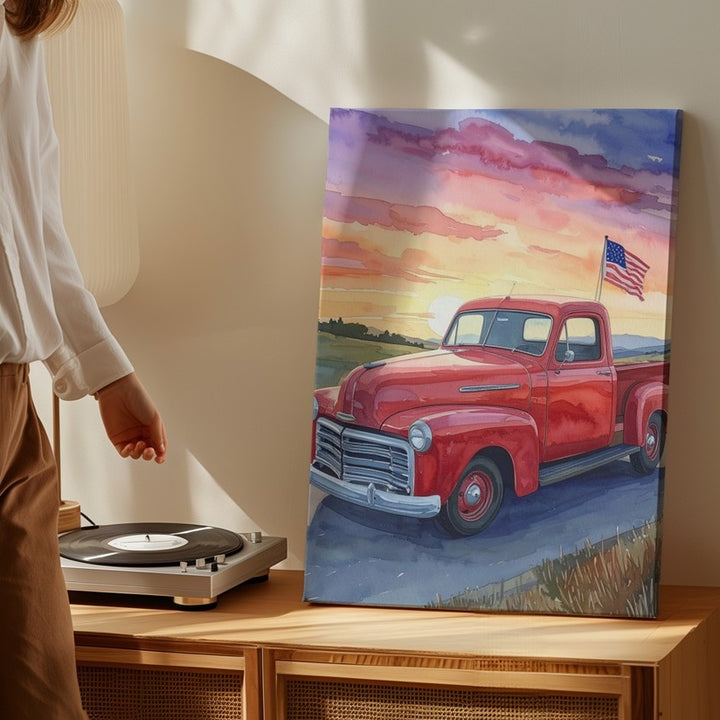 Red Vintage Pickup Watercolor Canvas – Patriotic Sunset Drive Wall Art - Gifitto