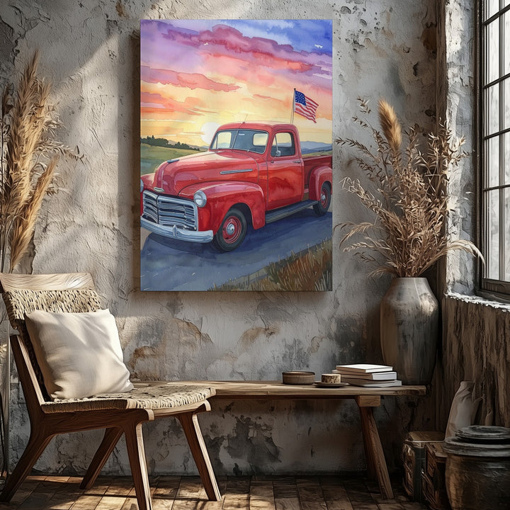 Red Vintage Pickup Watercolor Canvas – Patriotic Sunset Drive Wall Art - Gifitto