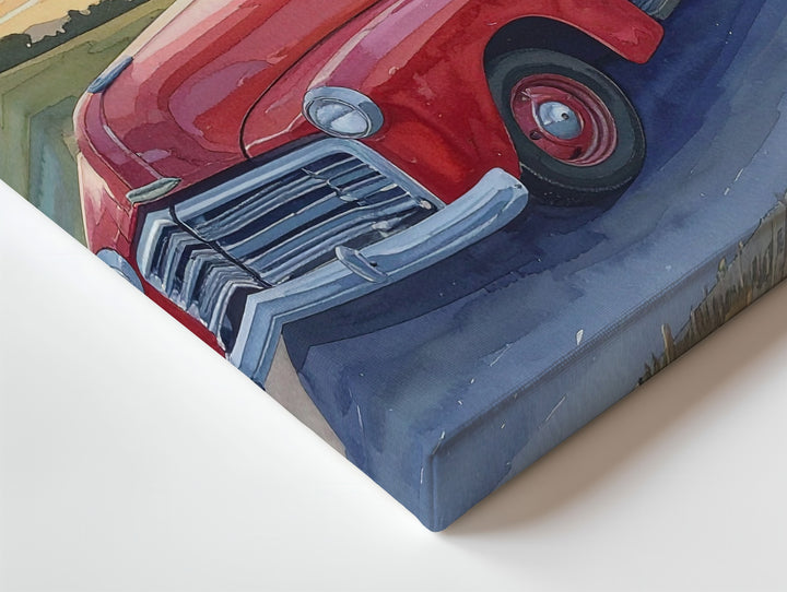 Red Vintage Pickup Watercolor Canvas – Patriotic Sunset Drive Wall Art - Gifitto