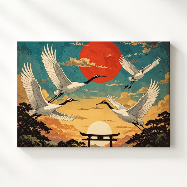Flight of the Cranes Canvas – Vintage Japanese Sky Scene with Torii & Red Sun - Gifitto