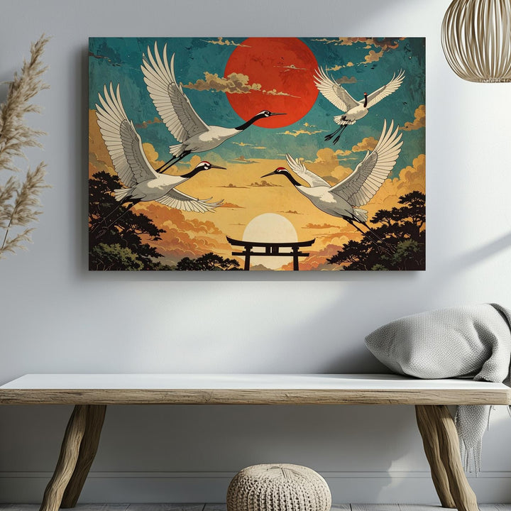 Flight of the Cranes Canvas – Vintage Japanese Sky Scene with Torii & Red Sun - Gifitto