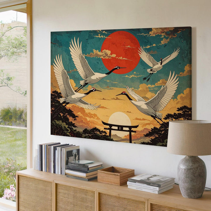 Flight of the Cranes Canvas – Vintage Japanese Sky Scene with Torii & Red Sun - Gifitto