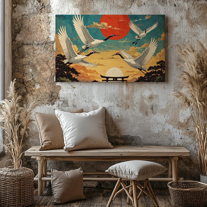 Flight of the Cranes Canvas – Vintage Japanese Sky Scene with Torii & Red Sun - Gifitto