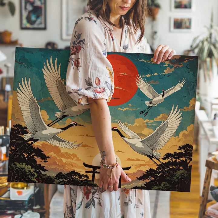 Flight of the Cranes Canvas – Vintage Japanese Sky Scene with Torii & Red Sun - Gifitto