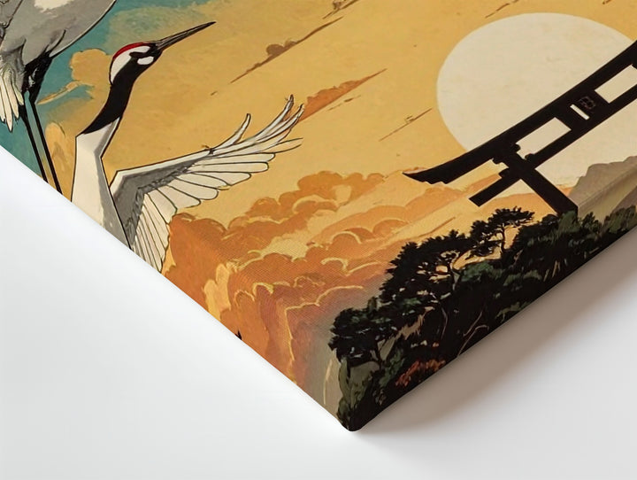 Flight of the Cranes Canvas – Vintage Japanese Sky Scene with Torii & Red Sun - Gifitto
