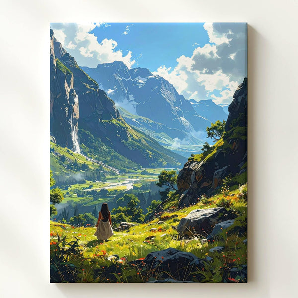 Explorer’s Dream Canvas – Majestic Mountain Landscape with Traveler in Serene Valley - Gifitto