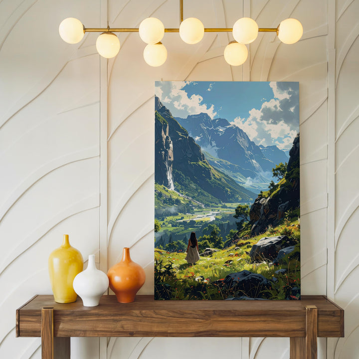 Explorer’s Dream Canvas – Majestic Mountain Landscape with Traveler in Serene Valley - Gifitto