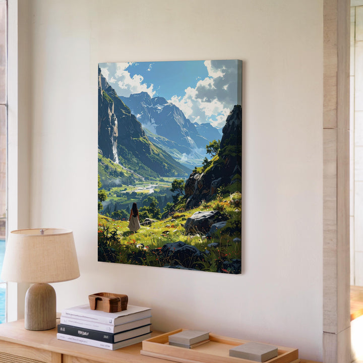 Explorer’s Dream Canvas – Majestic Mountain Landscape with Traveler in Serene Valley - Gifitto