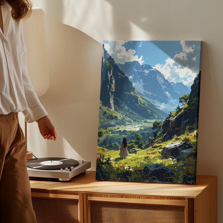 Explorer’s Dream Canvas – Majestic Mountain Landscape with Traveler in Serene Valley - Gifitto