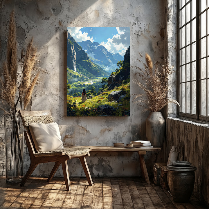 Explorer’s Dream Canvas – Majestic Mountain Landscape with Traveler in Serene Valley - Gifitto