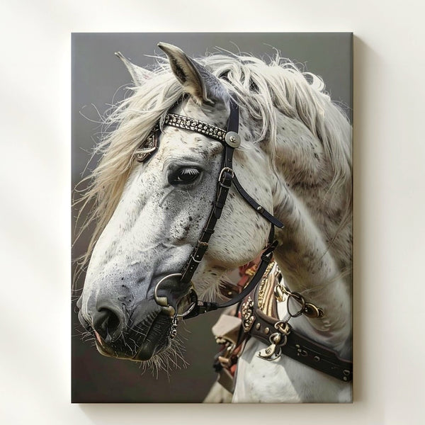 Noble White Horse Canvas – Elegant Equine Portrait with Decorative Bridle - Gifitto