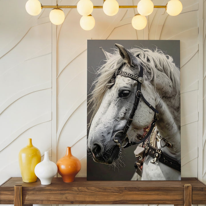 Noble White Horse Canvas – Elegant Equine Portrait with Decorative Bridle - Gifitto