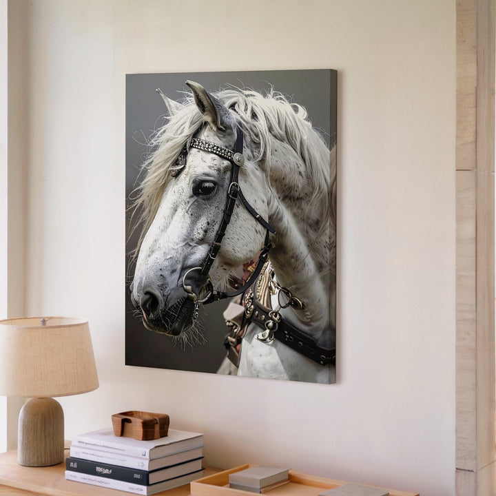 Noble White Horse Canvas – Elegant Equine Portrait with Decorative Bridle - Gifitto
