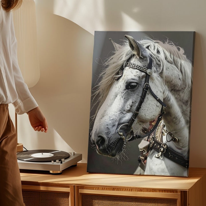 Noble White Horse Canvas – Elegant Equine Portrait with Decorative Bridle - Gifitto