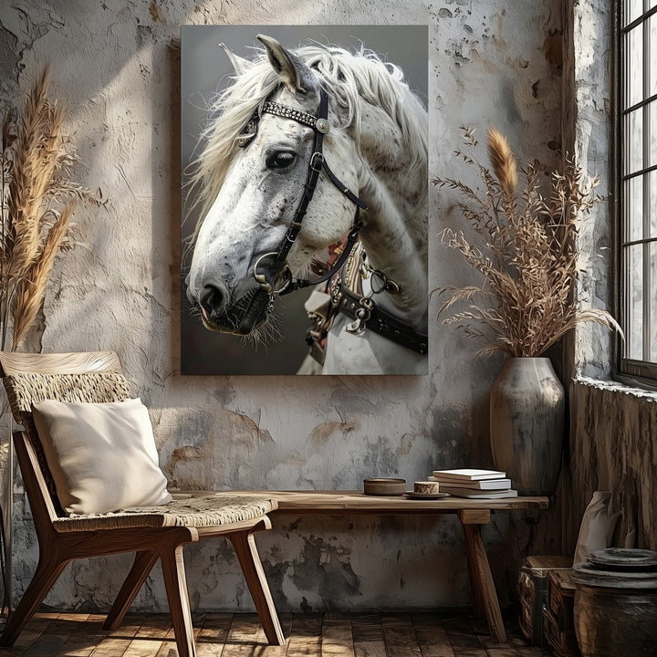 Noble White Horse Canvas – Elegant Equine Portrait with Decorative Bridle - Gifitto