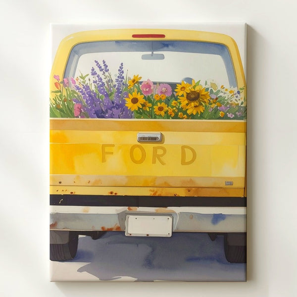 Yellow Ford Flower Truck Canvas – Whimsical Watercolor Rustic Wall Art - Gifitto