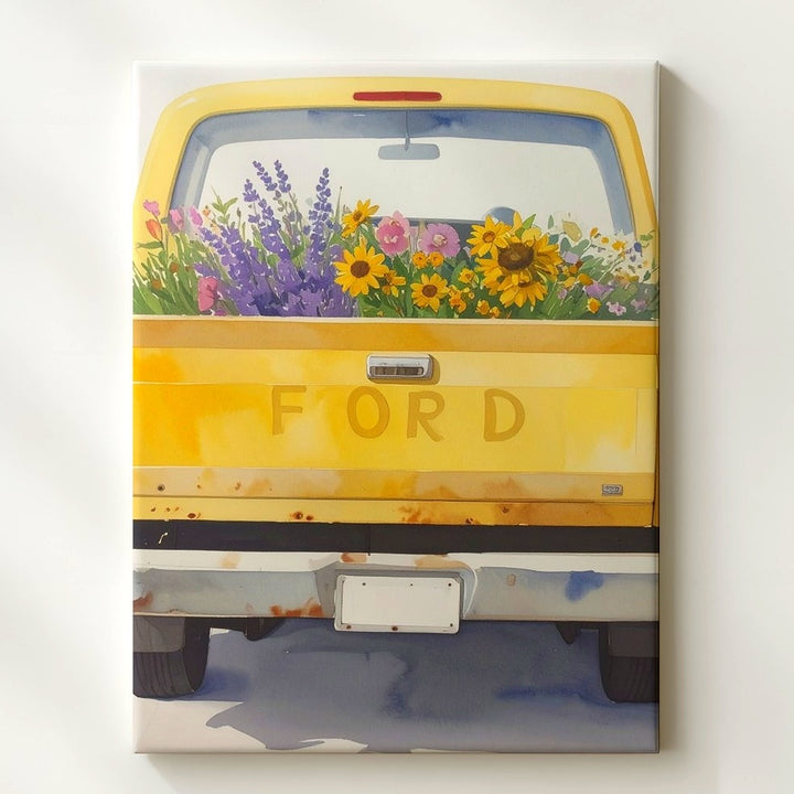 Yellow Ford Flower Truck Canvas – Whimsical Watercolor Rustic Wall Art - Gifitto