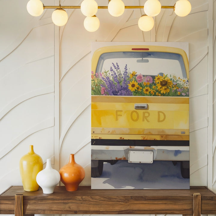 Yellow Ford Flower Truck Canvas – Whimsical Watercolor Rustic Wall Art - Gifitto