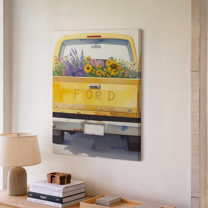 Yellow Ford Flower Truck Canvas – Whimsical Watercolor Rustic Wall Art - Gifitto