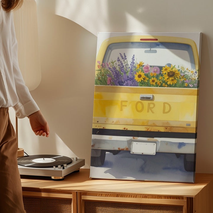 Yellow Ford Flower Truck Canvas – Whimsical Watercolor Rustic Wall Art - Gifitto