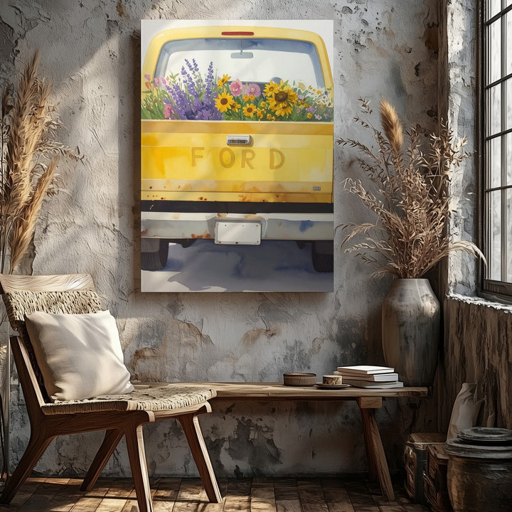 Yellow Ford Flower Truck Canvas – Whimsical Watercolor Rustic Wall Art - Gifitto