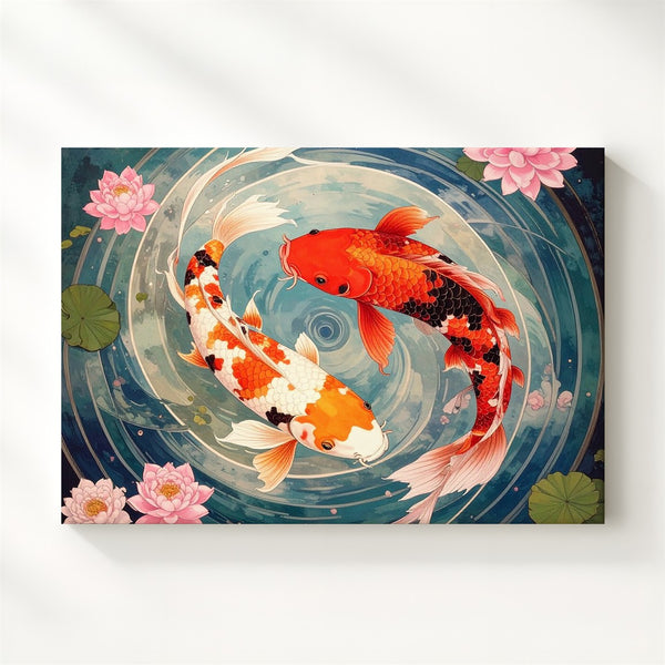 Koi Harmony Canvas – Yin-Yang Style Japanese Pond with Cherry Blossoms - Gifitto