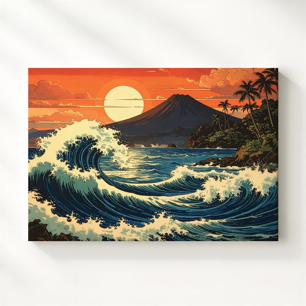 Crimson Wave & Fuji Canvas – Dramatic Ocean Sunset with Mountain Silhouette - Gifitto