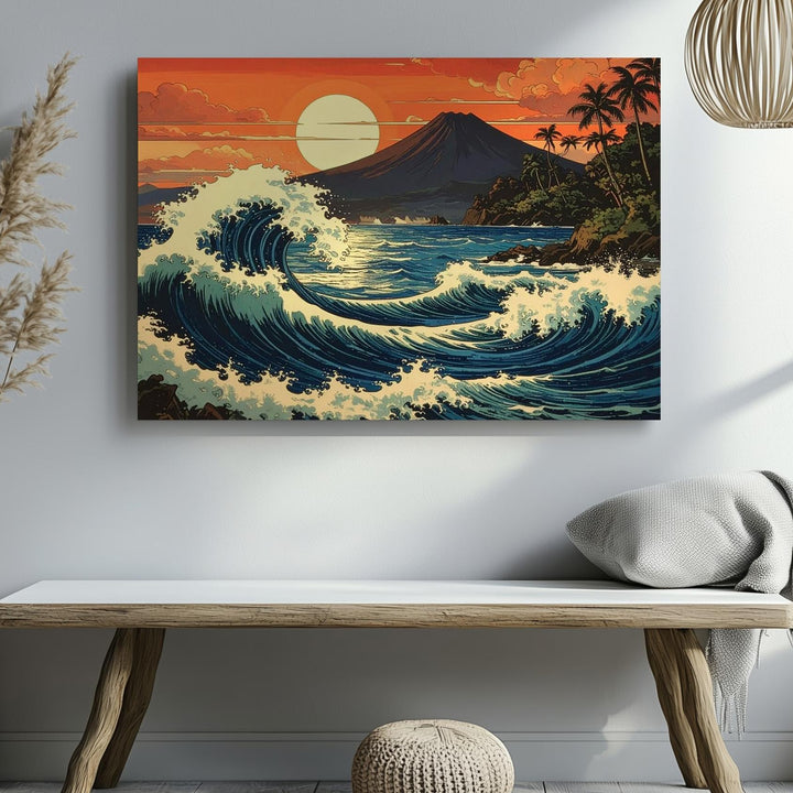 Crimson Wave & Fuji Canvas – Dramatic Ocean Sunset with Mountain Silhouette - Gifitto