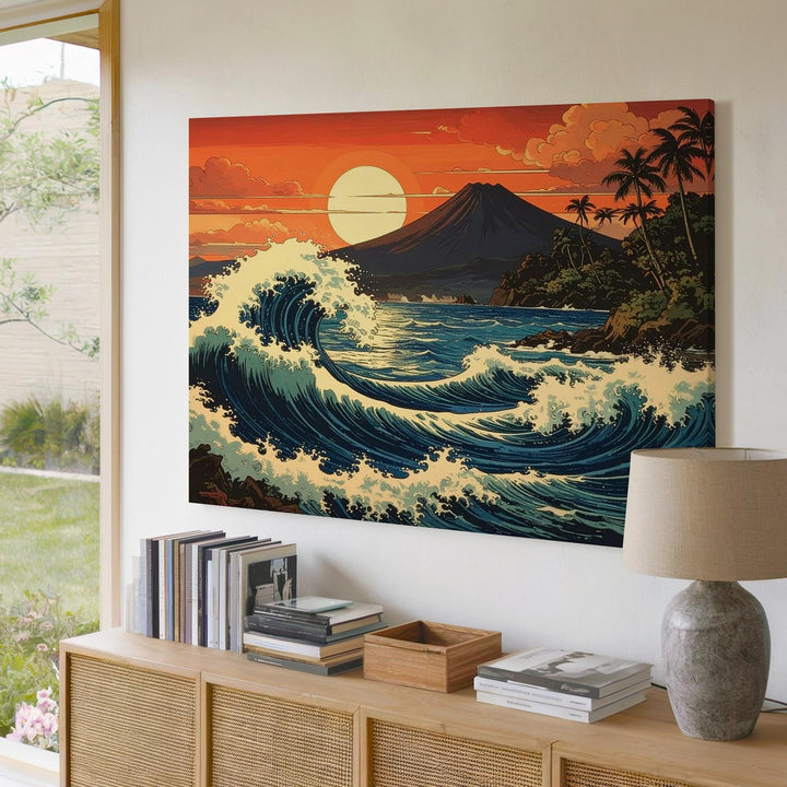 Crimson Wave & Fuji Canvas – Dramatic Ocean Sunset with Mountain Silhouette - Gifitto